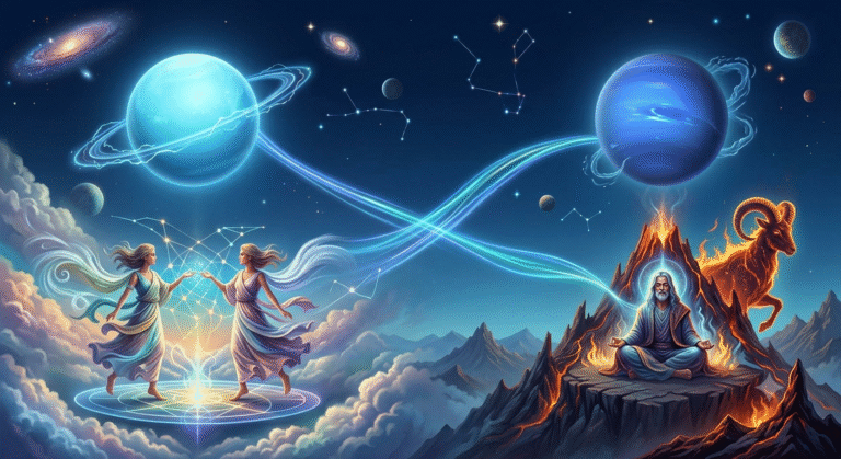 Urano en Géminis en sextil con Neptuno retrógrado en Aries