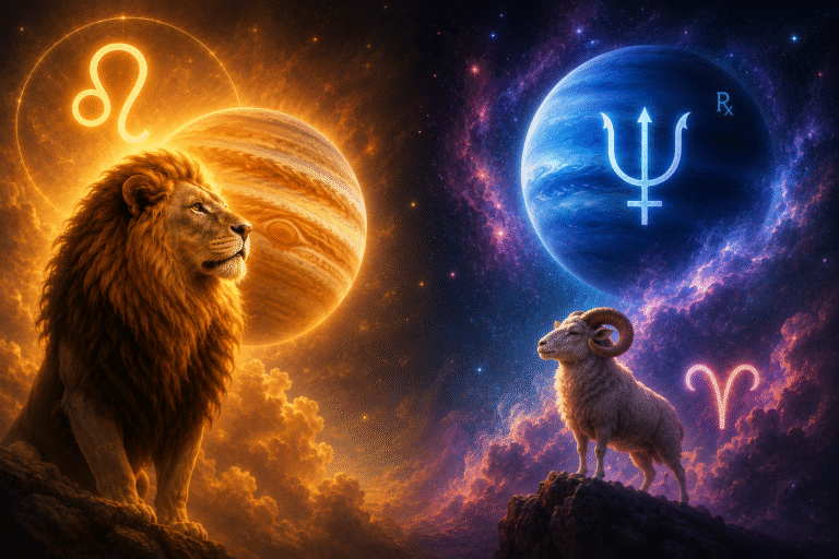 Júpiter en Leo trígono Neptuno retrógrado en Aries